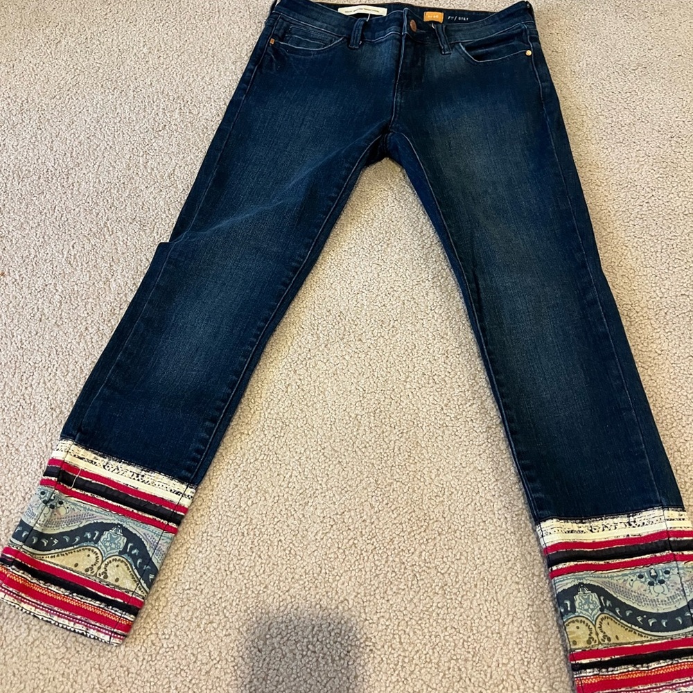 Pilcro and the Letterpress Dark Blue Jeans with Patterned Cuffs